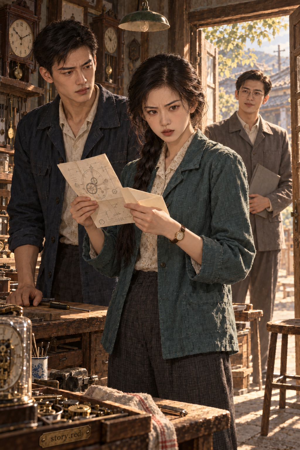 เยว่ชิงพบจดหมายของพ่อในร้านนาฬิกา จิ้งโจวยืนอยู่ข้างโต๊ะและเหวินเต๋อปรากฏที่ประตู