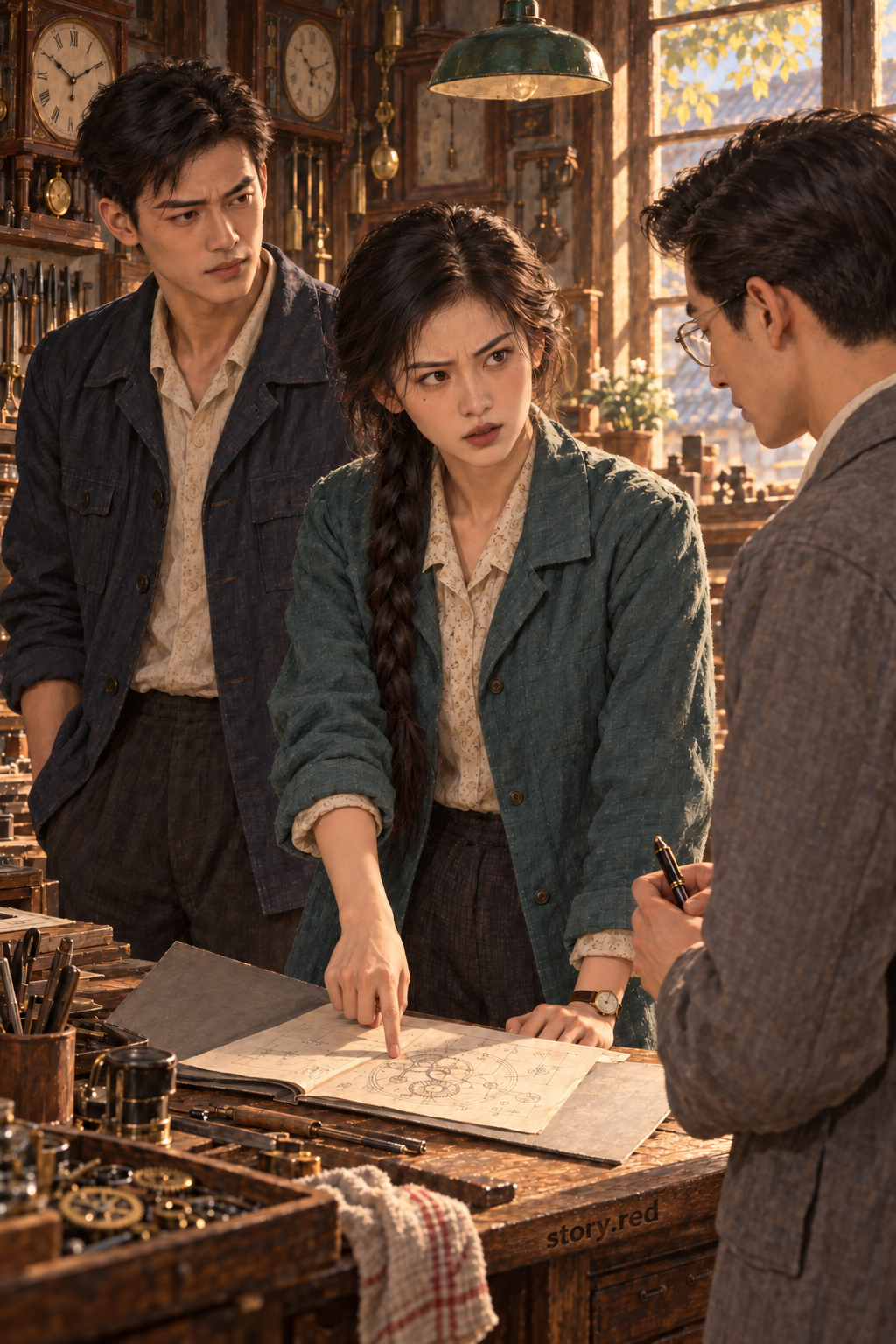 เยว่ชิงขอให้เหวินเต๋ออธิบายเวลาบนเอกสาร ขณะที่จิ้งโจวยืนอยู่ข้างโต๊ะซ่อม
