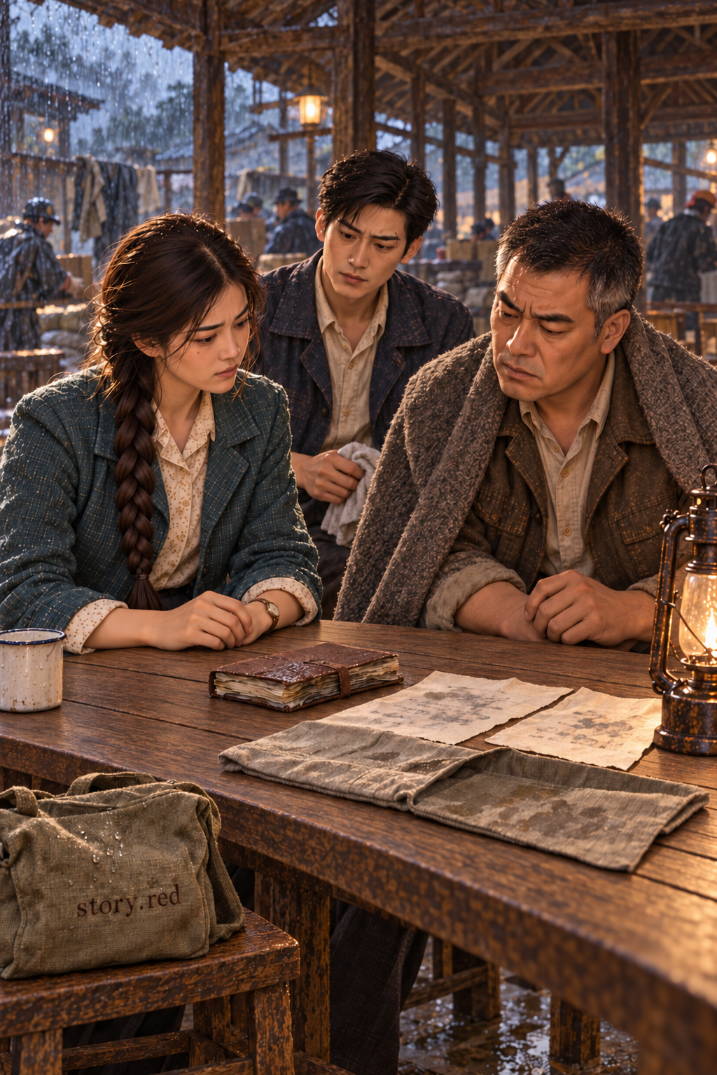 ใต้ชายคาศาลา หลิวและเยว่ชิงดูสภาพกระดาษที่เปียก โดยยังไม่ดึงหน้าสมุดซึ่งติดกันออก