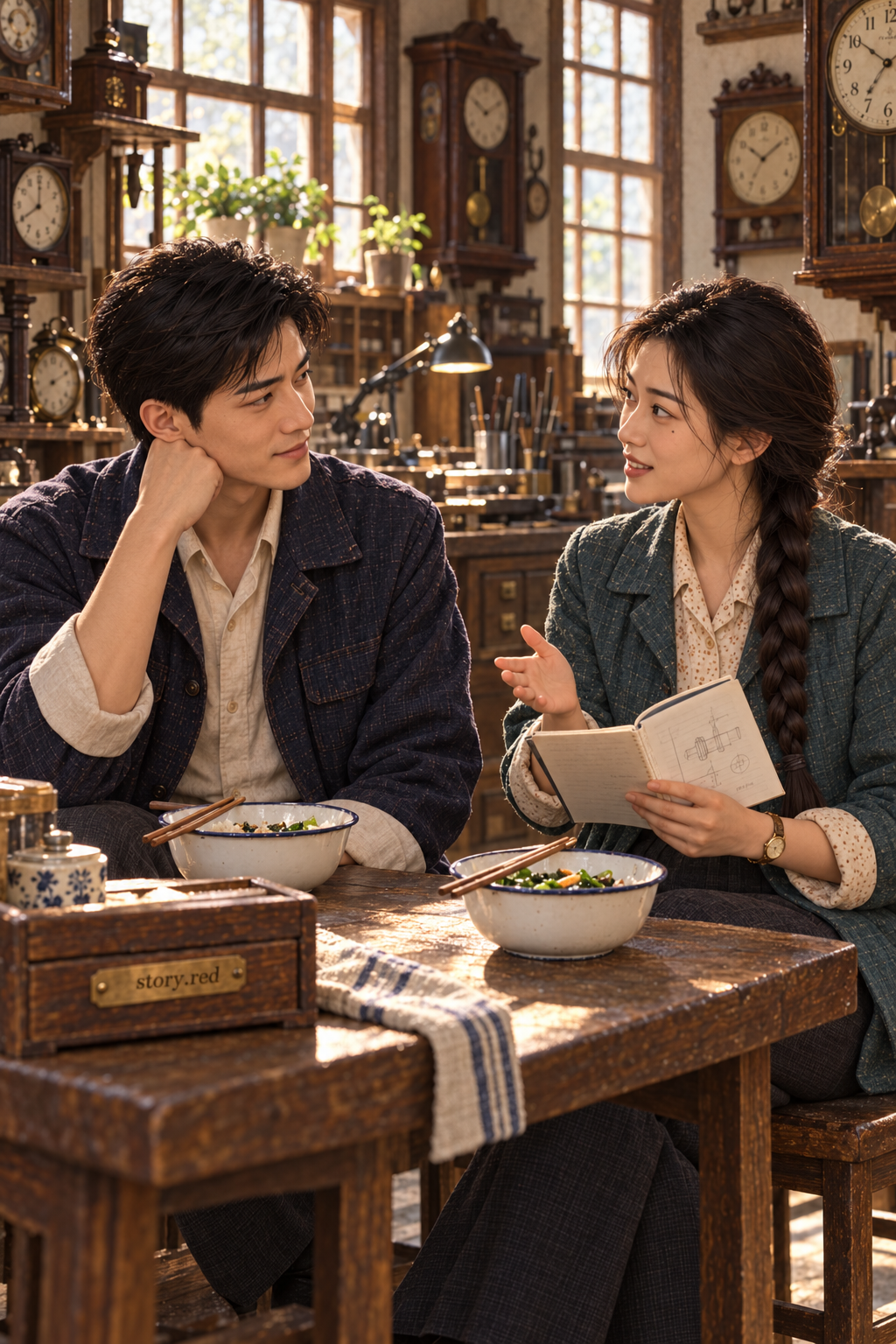 เยว่ชิงกับจิ้งโจวพักเที่ยงที่โต๊ะเล็กข้างร้าน เธอเล่ารายการทดลองของตนโดยไม่ให้เขารับงานแทน