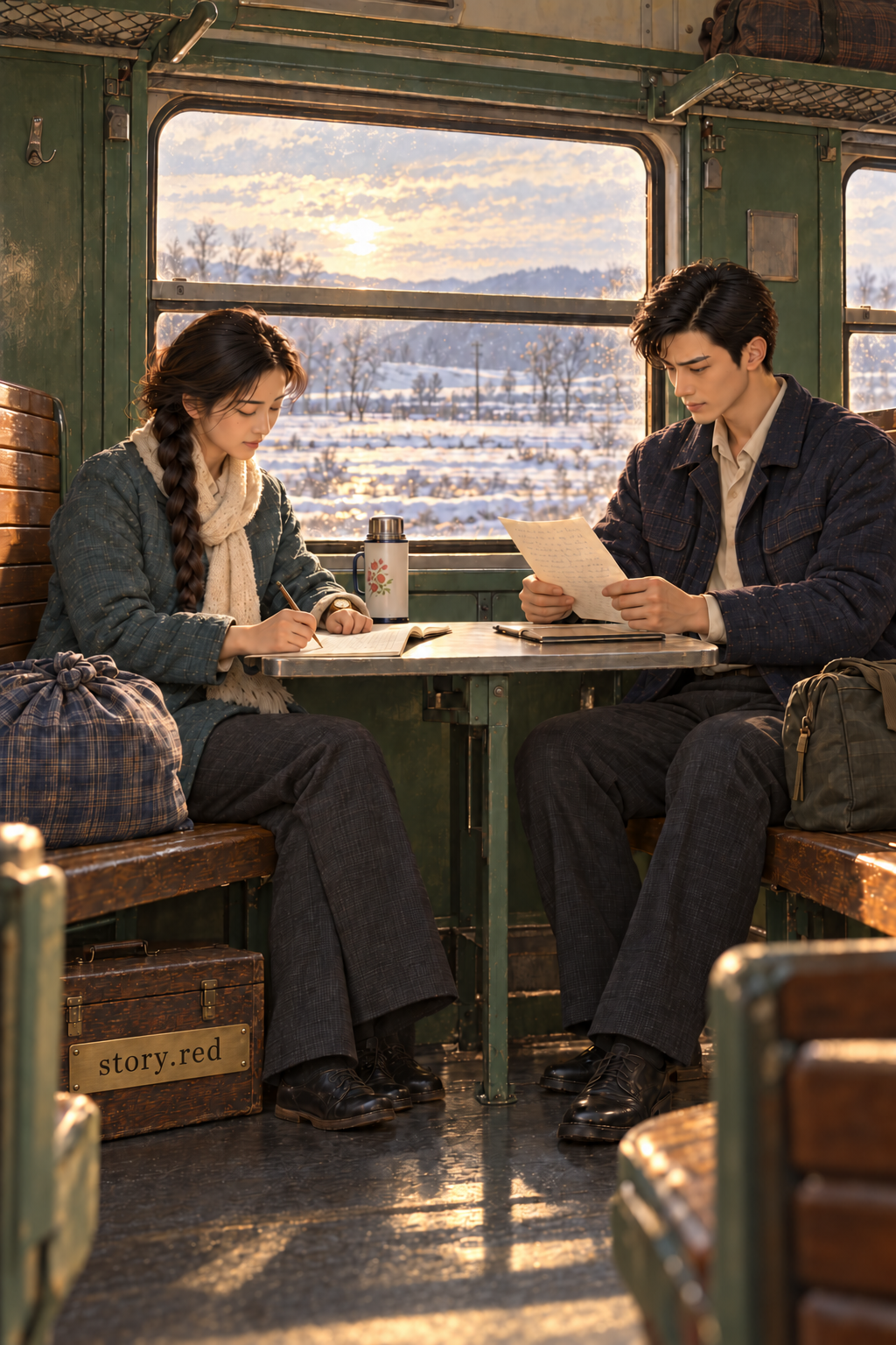 บนรถไฟ เยว่ชิงกับจิ้งโจวตรวจแผนและหนังสือของตนแยกกัน พร้อมปรับเวลาหลังรถหยุดรอและคุยเรื่องชีวิตโดยไม่ใช้คำสัญญาแทนสิ่งที่ทำได้จริง
