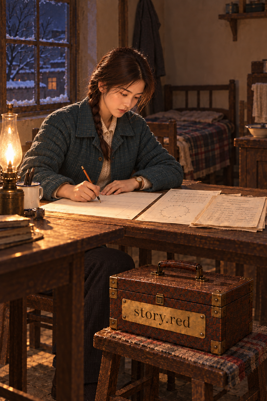 ในห้องเช่า เยว่ชิงคัดตารางสิบสองแถวลงกระดาษใหม่ แยกช่องที่มีคำคัดให้เทียบจากช่องที่ยังต้องค้น โดยไม่เขียนทับสำเนาจดหมาย