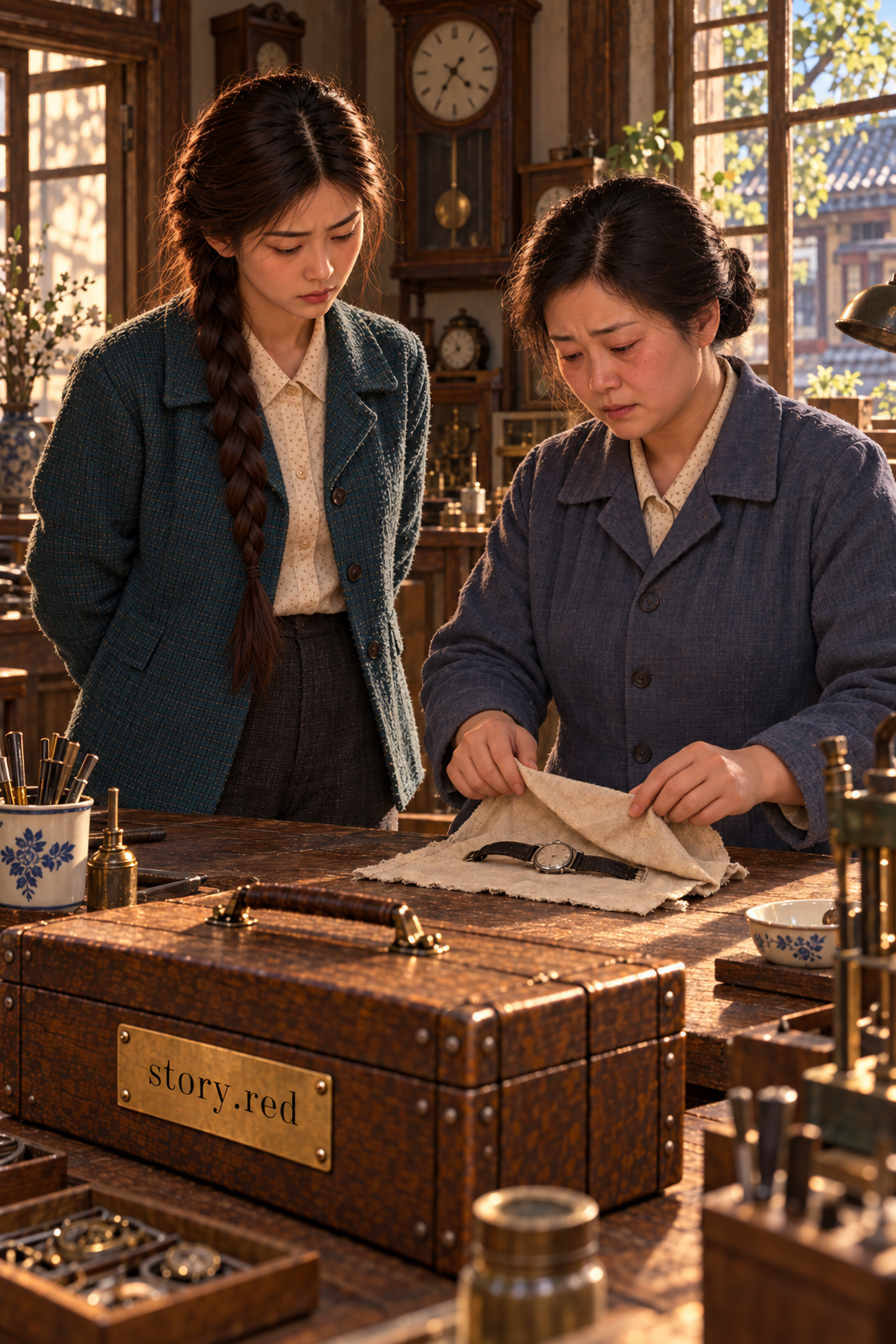 เยว่ชิงฟังเจ้าของนาฬิกาก่อนตัดสินใจว่าควรเริ่มซ่อมหรือรักษาเวลาที่หยุดไว้