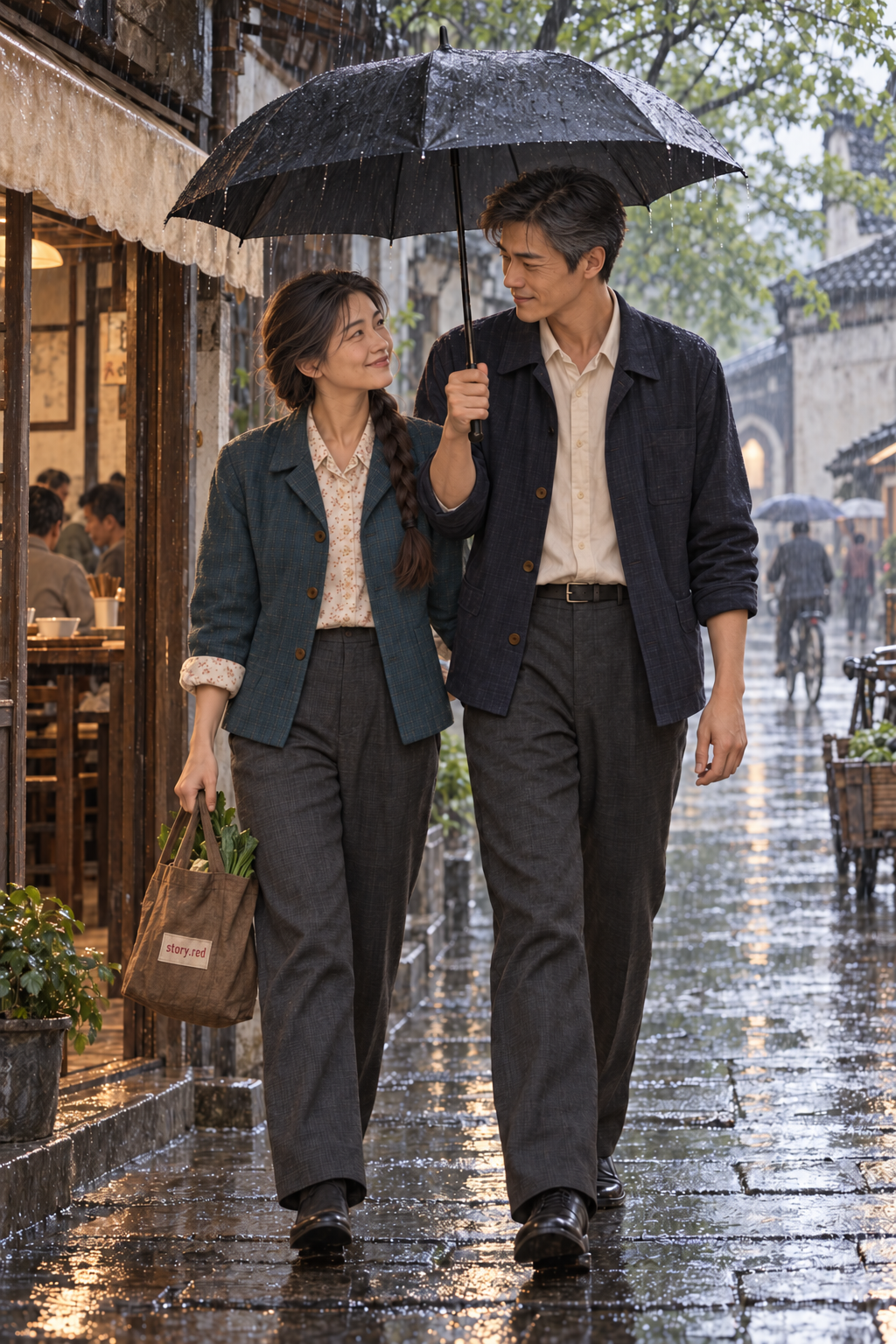 เยว่ชิงกับจิ้งโจวในปี 1998 เดินออกสู่เช้าที่มีฝนบาง ๆ พร้อมนาฬิกาซึ่งเดินไปข้างหน้า