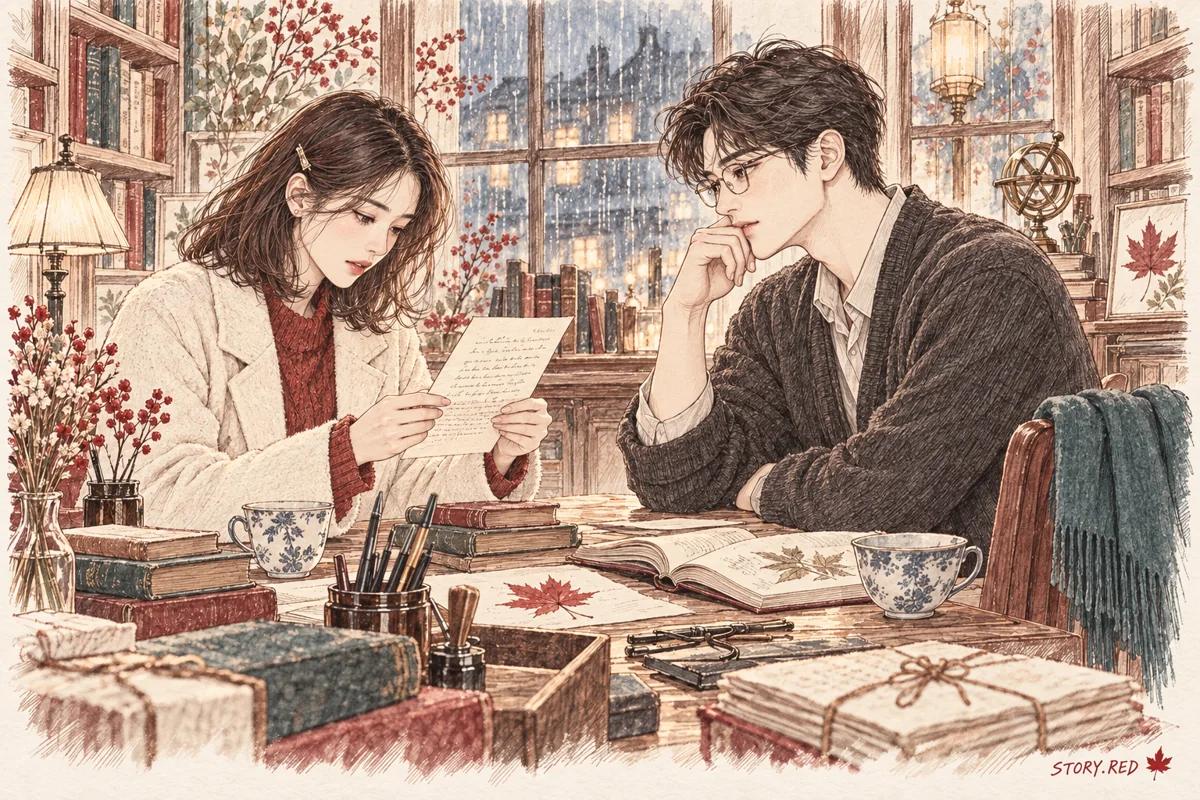 มีนาอ่านจดหมายที่จีฮุนไม่เคยส่งบนโต๊ะซ่อมหนังสือ มีใบเมเปิลแดงคั่นอยู่กลางกระดาษ
